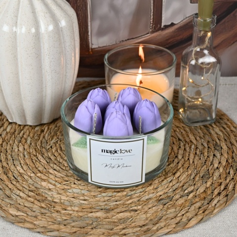 Świeca sojowa duży bukiet fioletowych tulipanów